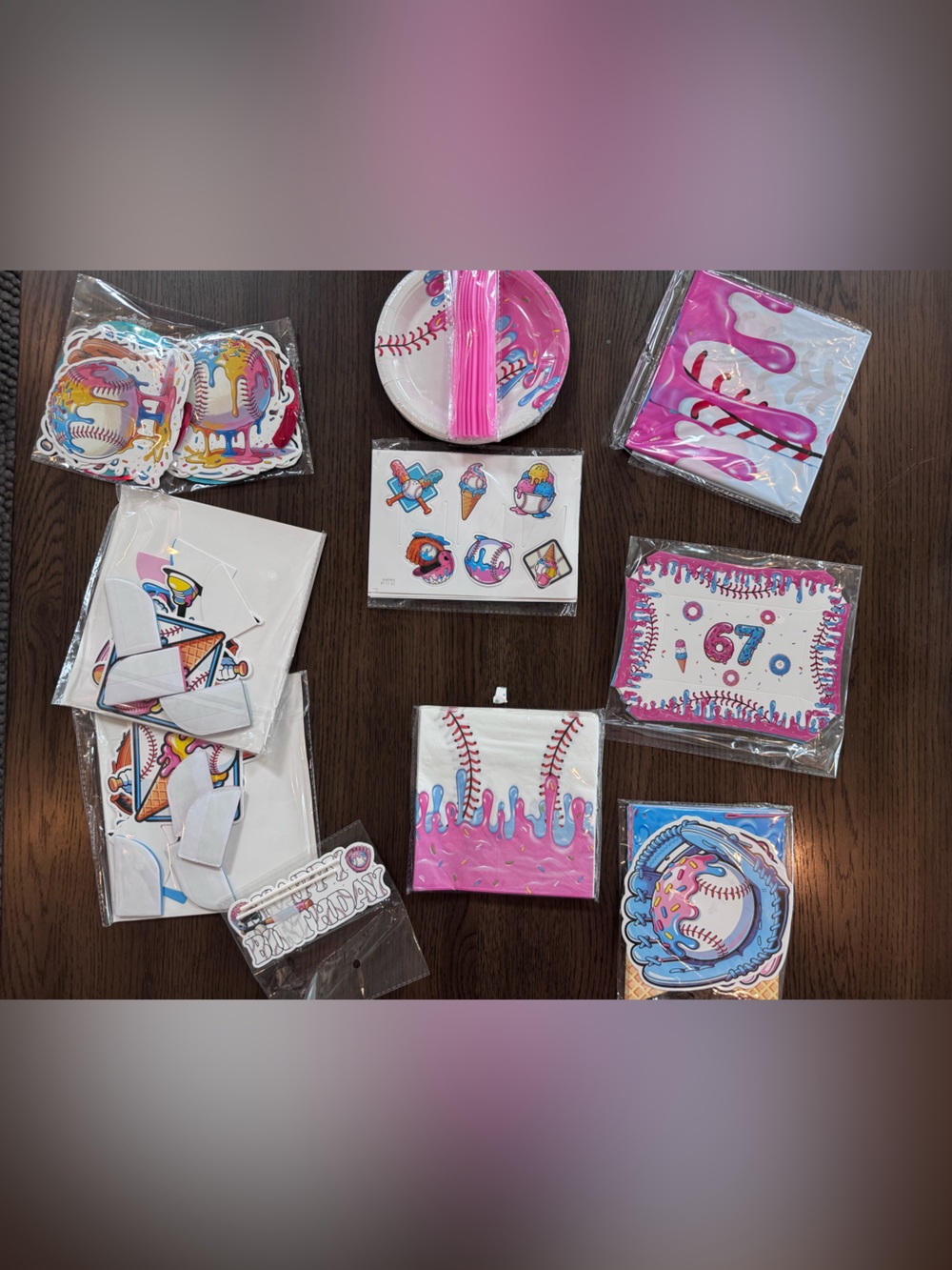 Baseball 67 Party Supplies Set - Pink Drip Theme